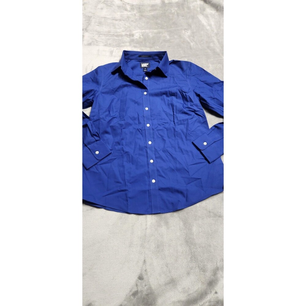 Lands End Women's Blue Size 8 Stretch 3/4 Sleeve 100% Cotton Flip Cuff Shirt